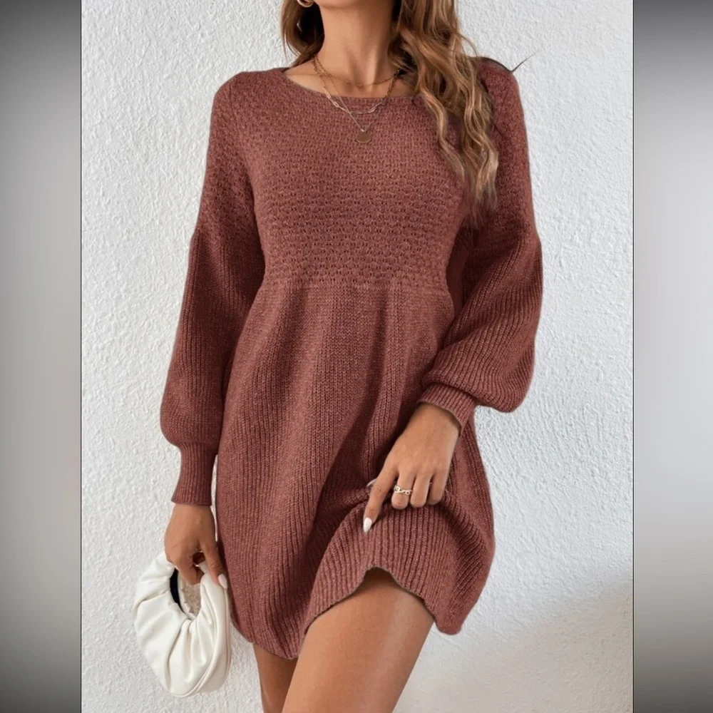 Solid Lantern Sleeve Sweater Dress - Picture 3 of 7